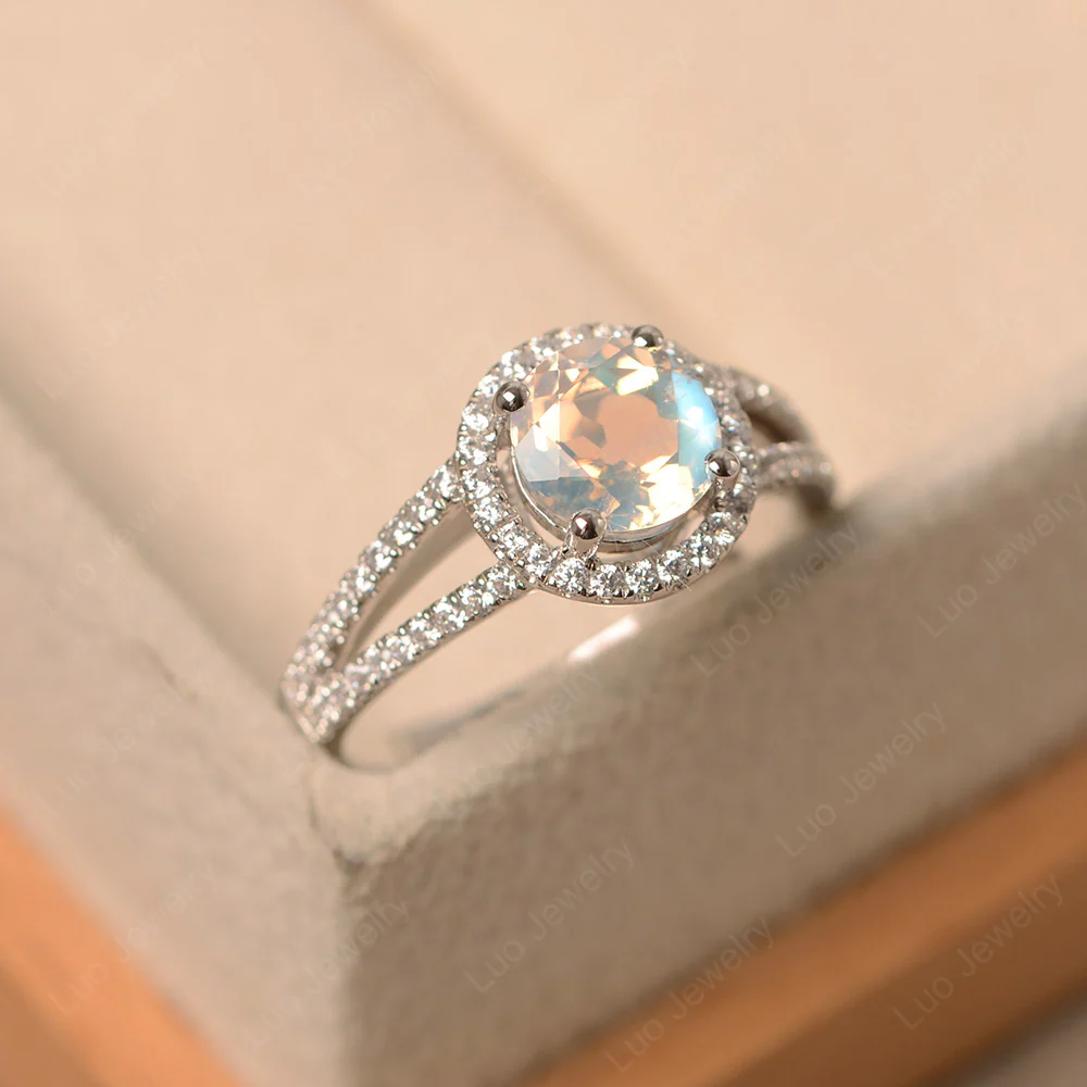 Round Moonstone Halo Split Shank Ring - Image 3