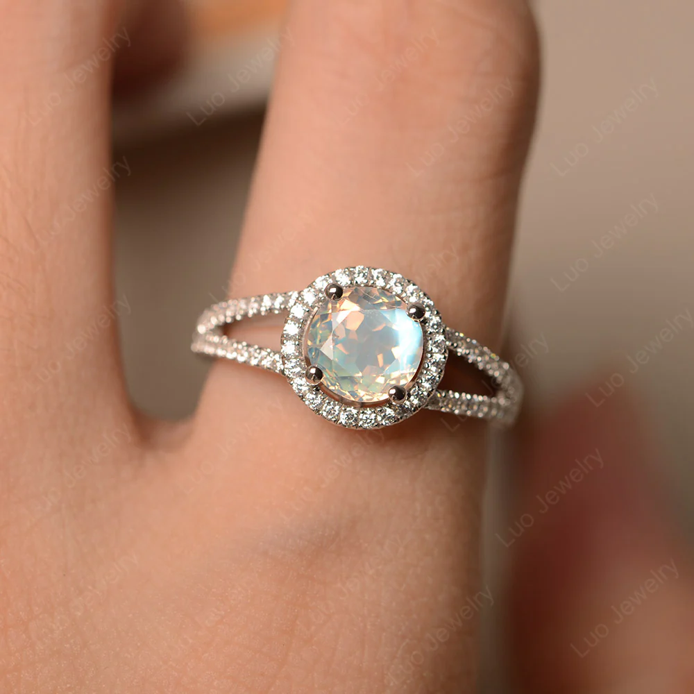 Round Moonstone Halo Split Shank Ring - Image 6