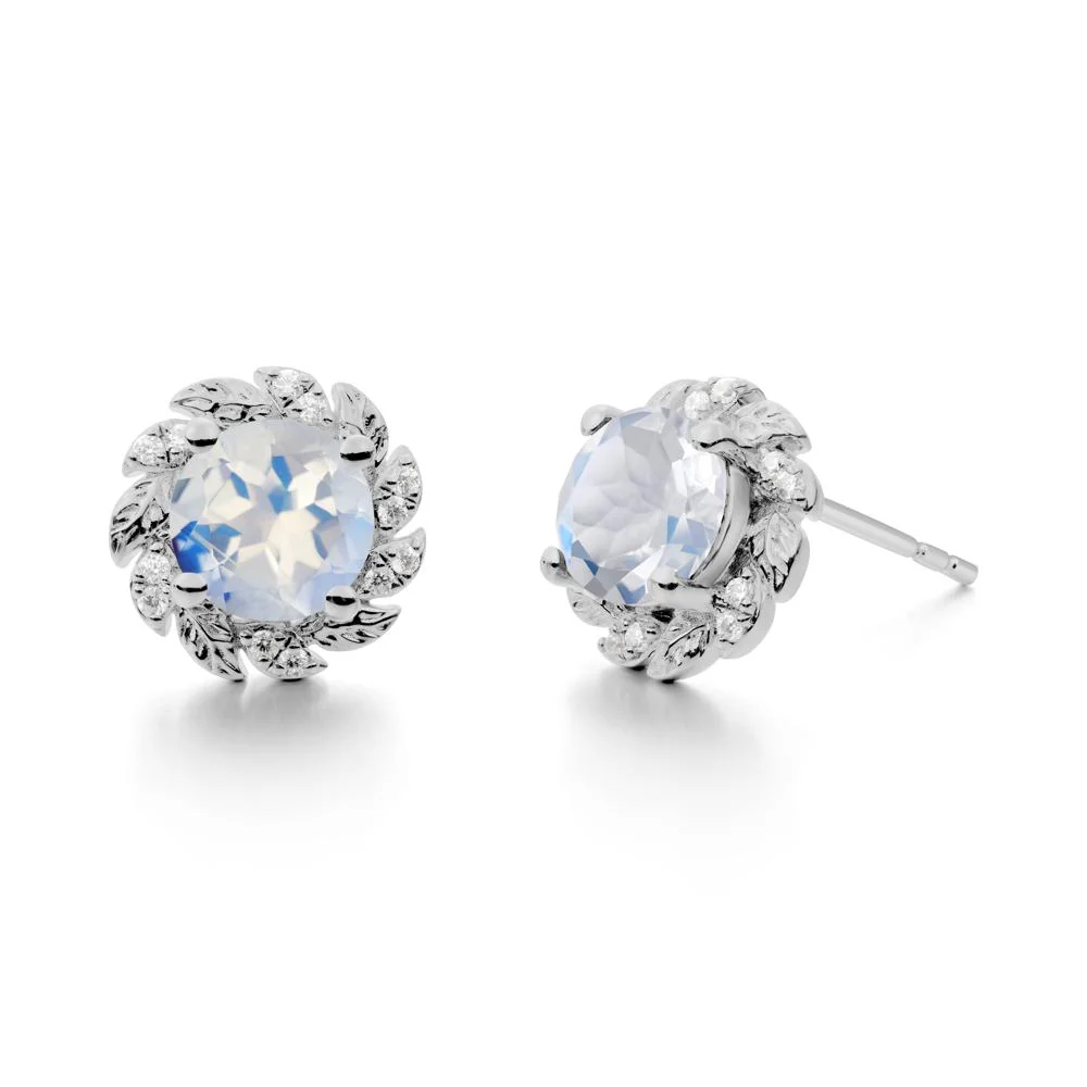 Round Moonstone Leaf Halo Stud Earrings - Image 3