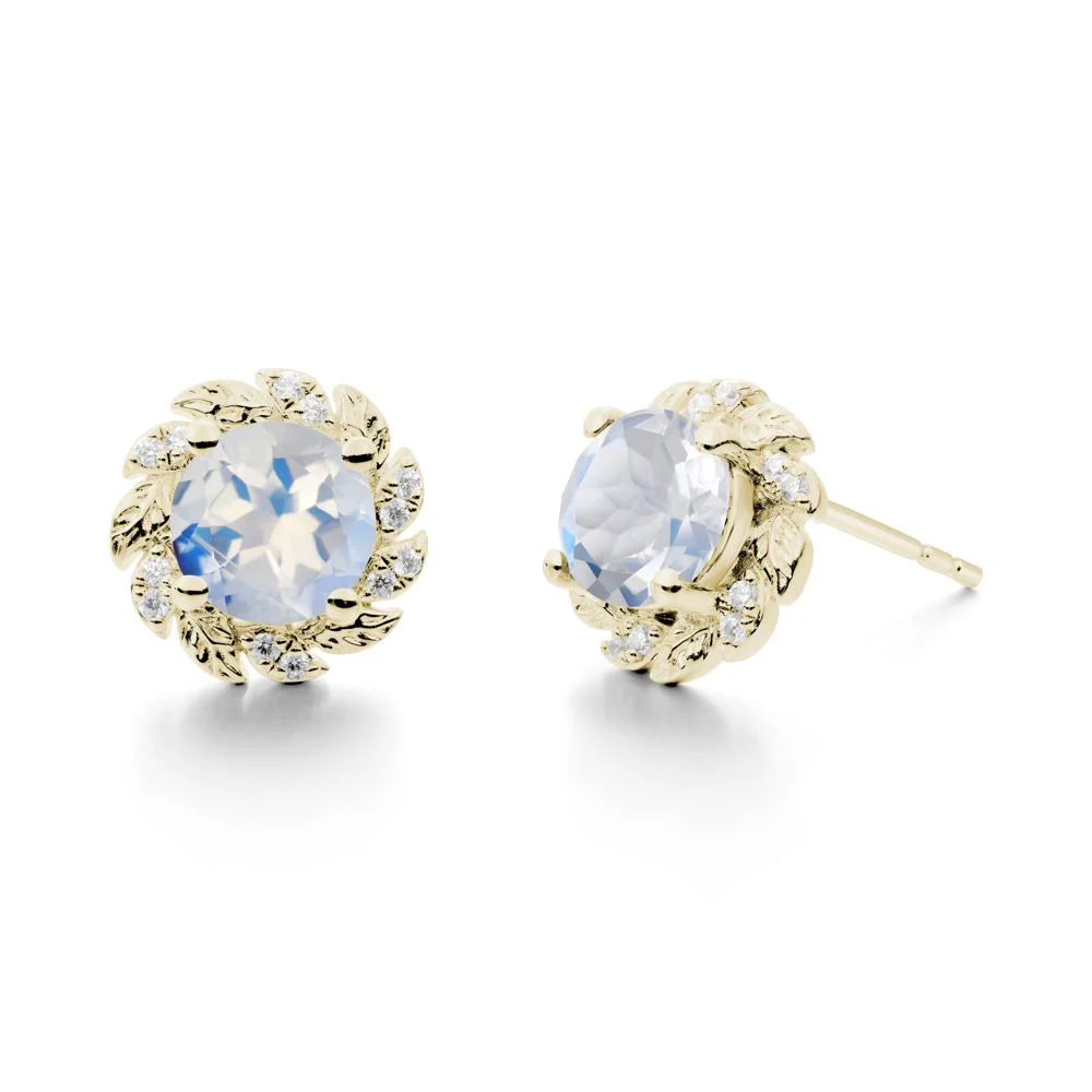 Round Moonstone Leaf Halo Stud Earrings - Image 4