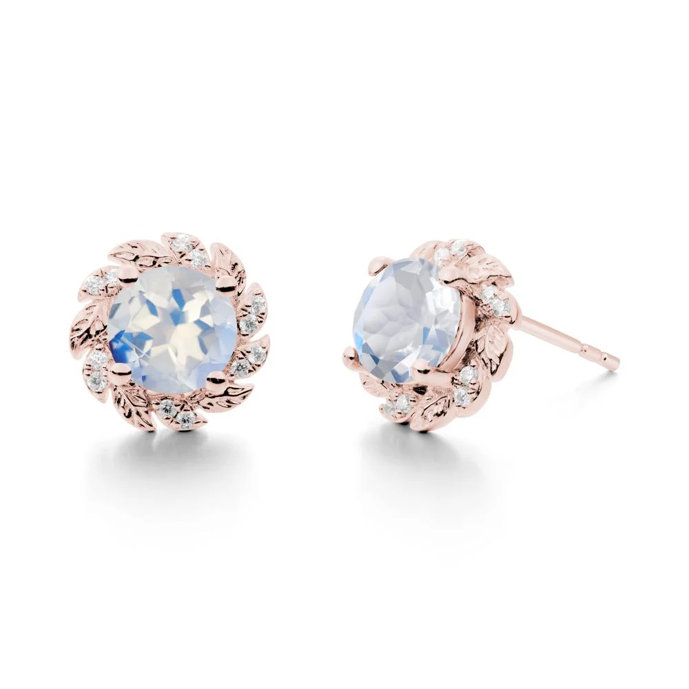 Round Moonstone Leaf Halo Stud Earrings - Image 8
