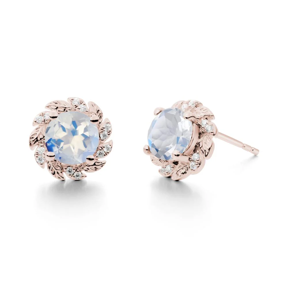 Round Moonstone Leaf Halo Stud Earrings - Image 9