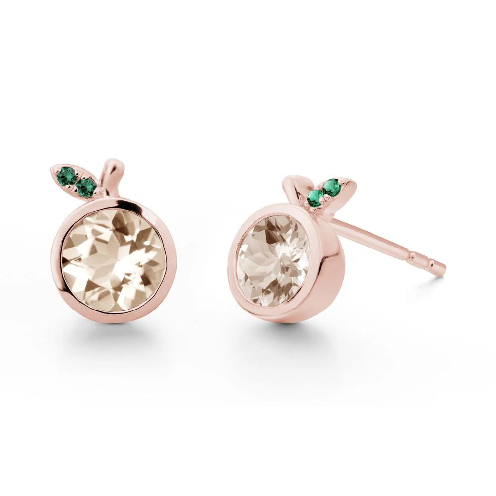 Round Morganite and Emerald Leaf Stud Earrings - Image 2