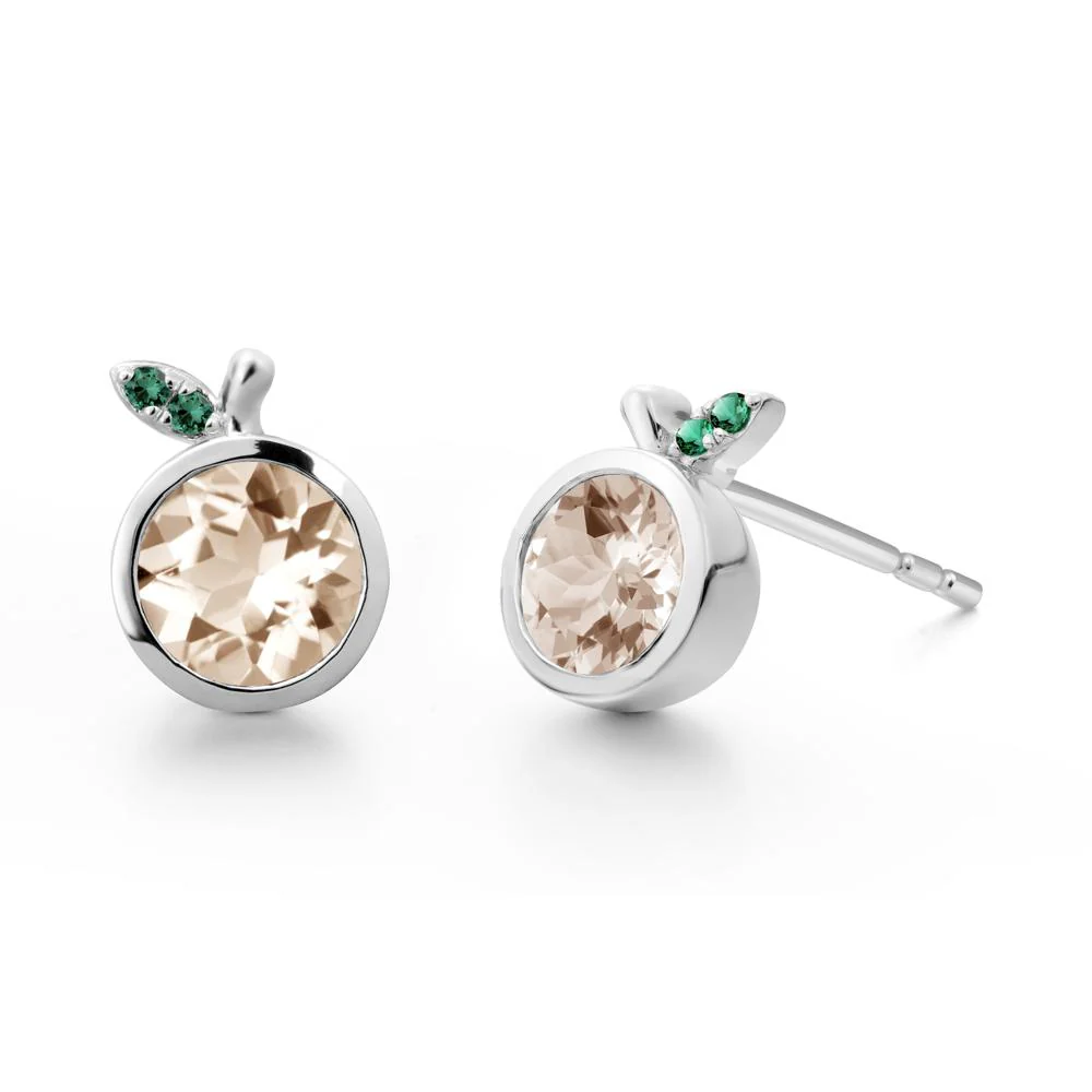 Round Morganite and Emerald Leaf Stud Earrings - Image 8