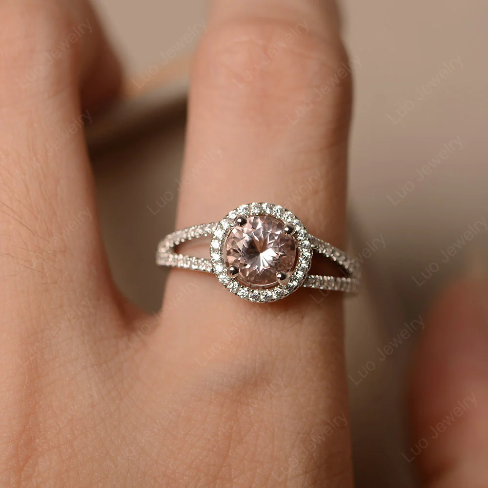Round Morganite Halo Split Shank Ring - Image 5