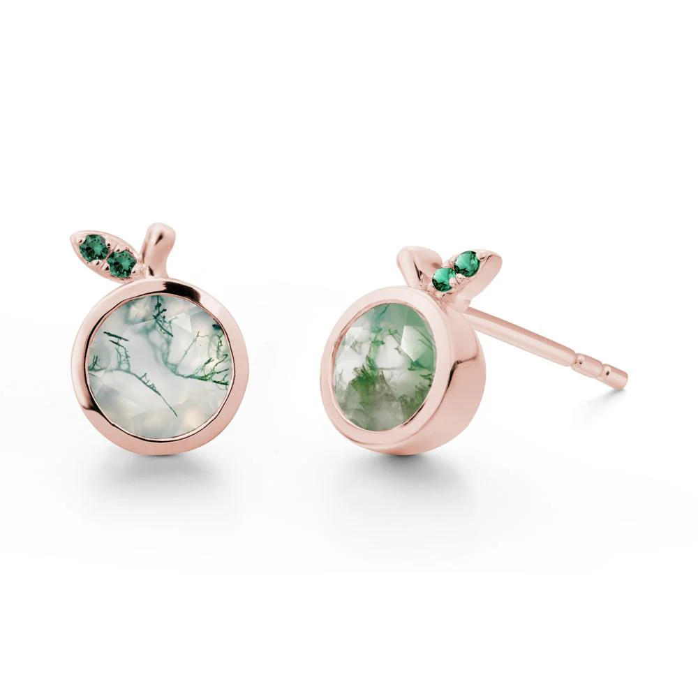 Round Moss Agate and Emerald Leaf Stud Earrings - Image 3