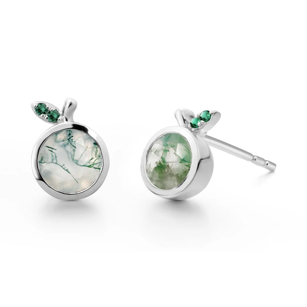 Round Moss Agate and Emerald Leaf Stud Earrings - Image 4