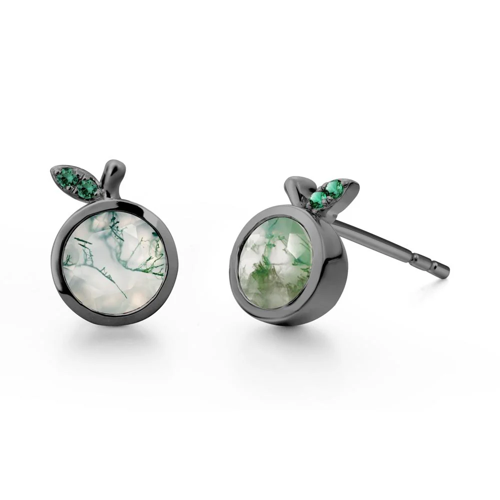 Round Moss Agate and Emerald Leaf Stud Earrings - Image 5