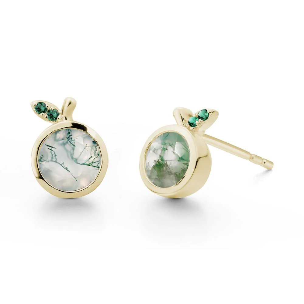 Round Moss Agate and Emerald Leaf Stud Earrings - Image 7