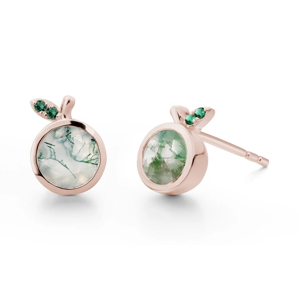 Round Moss Agate and Emerald Leaf Stud Earrings - Image 9