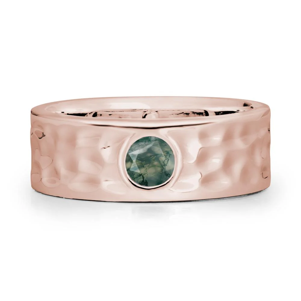 Round Moss Agate Ring In Hammered Wide Band - Image 2
