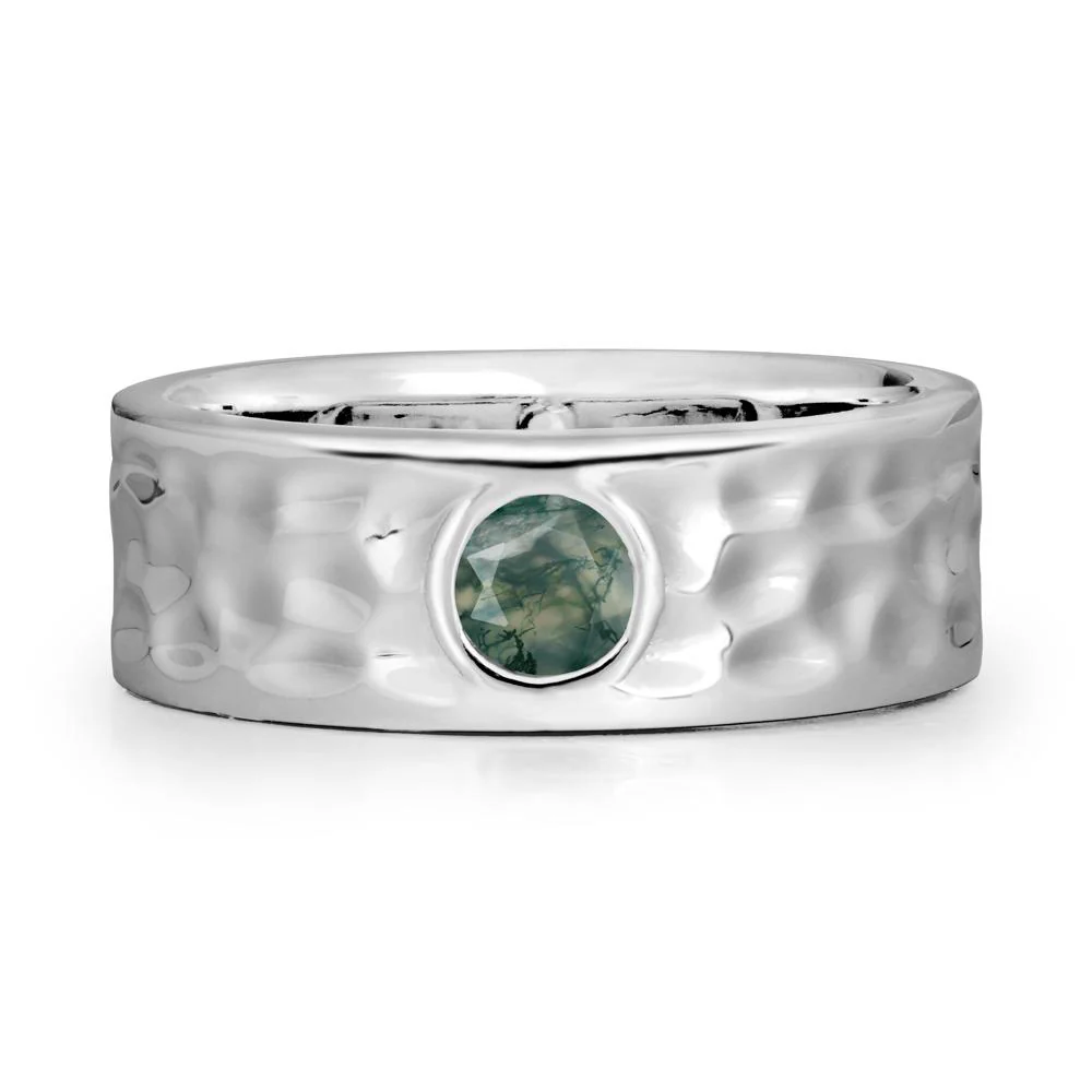 Round Moss Agate Ring In Hammered Wide Band - Image 3