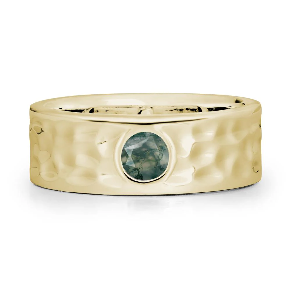 Round Moss Agate Ring In Hammered Wide Band - Image 4
