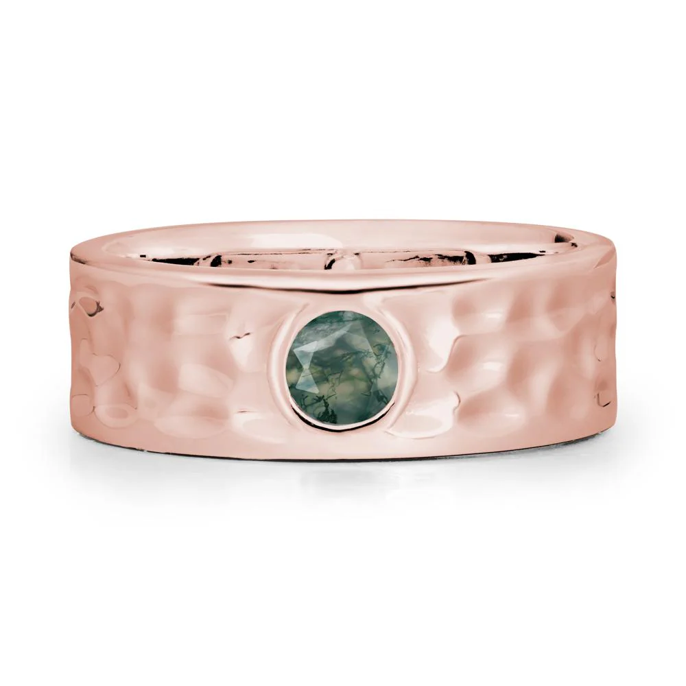 Round Moss Agate Ring In Hammered Wide Band - Image 5