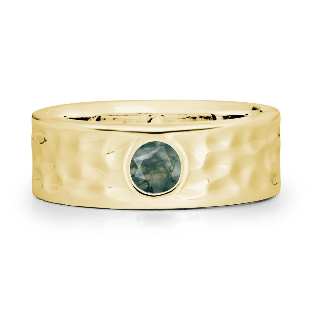 Round Moss Agate Ring In Hammered Wide Band - Image 7