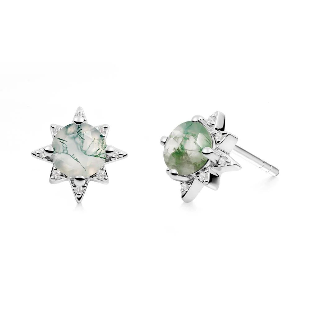 Round Moss Agate Sunburst Earrings - Image 2