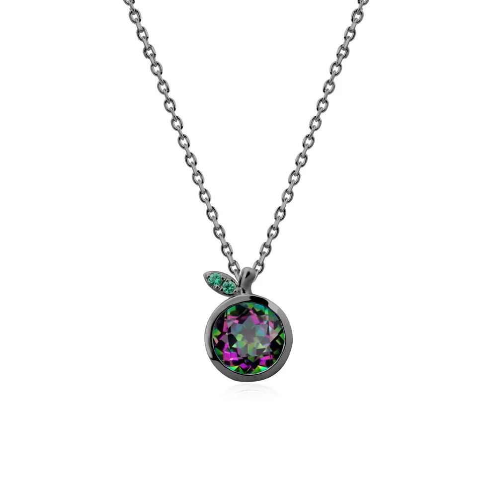 Round Mystic Topaz and Emerald Leaf Pendant Necklace