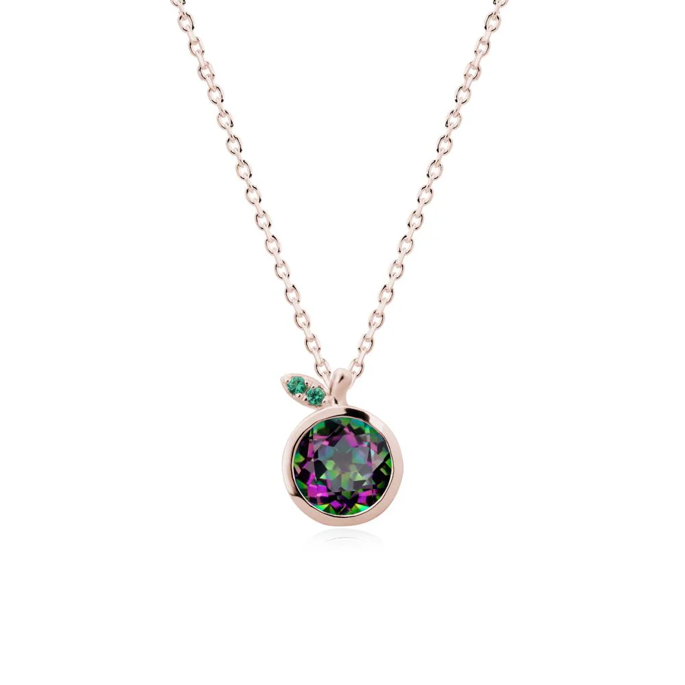 Round Mystic Topaz and Emerald Leaf Pendant Necklace - Image 2