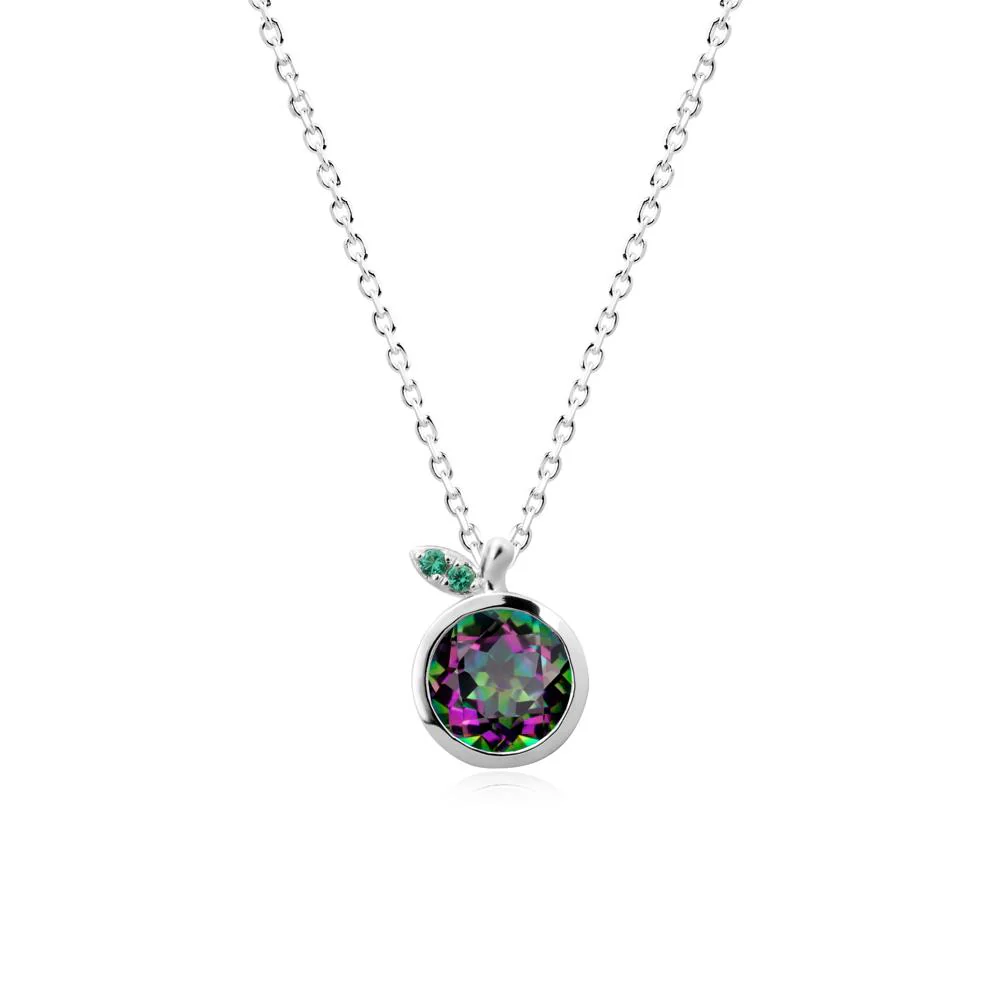 Round Mystic Topaz and Emerald Leaf Pendant Necklace - Image 6