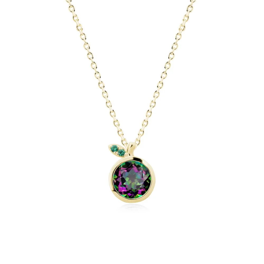 Round Mystic Topaz and Emerald Leaf Pendant Necklace - Image 7