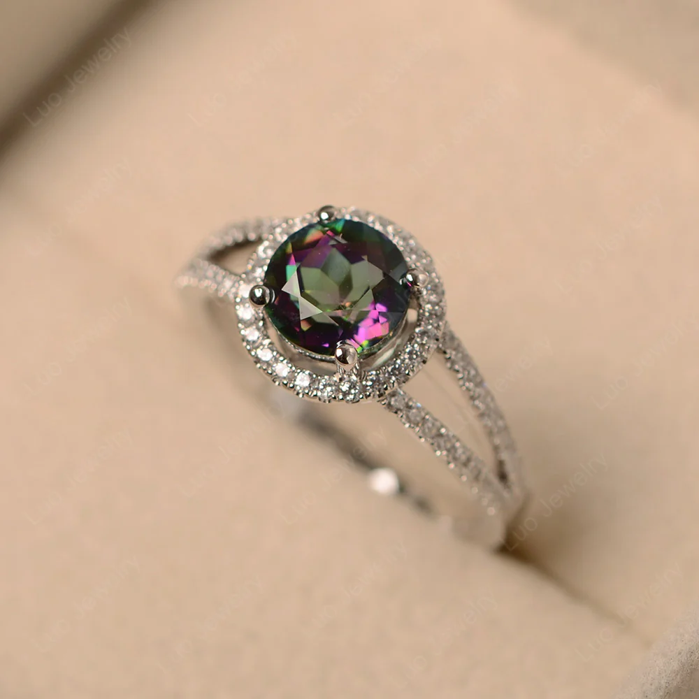Round Mystic Topaz Halo Split Shank Ring - Image 3