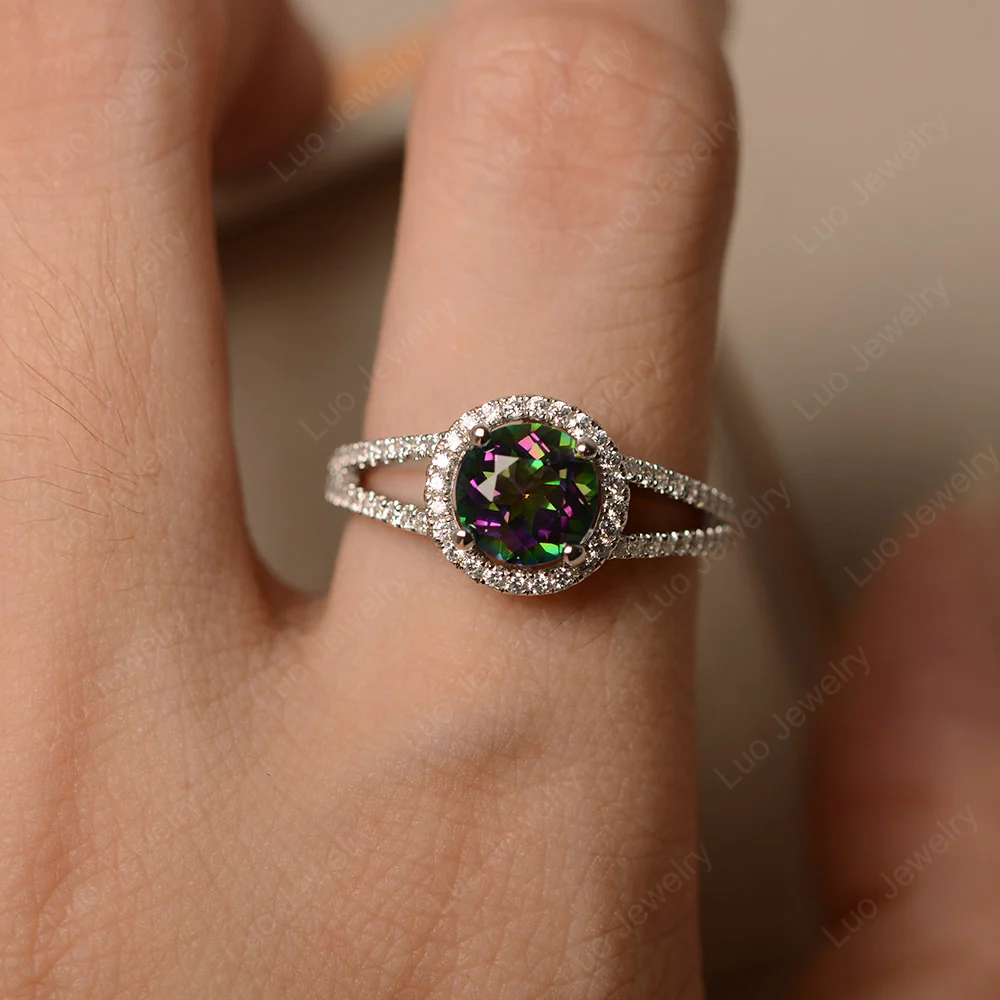 Round Mystic Topaz Halo Split Shank Ring - Image 6