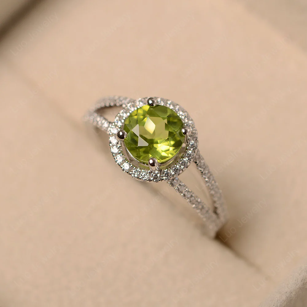 Round Peridot Halo Split Shank Ring - Image 2