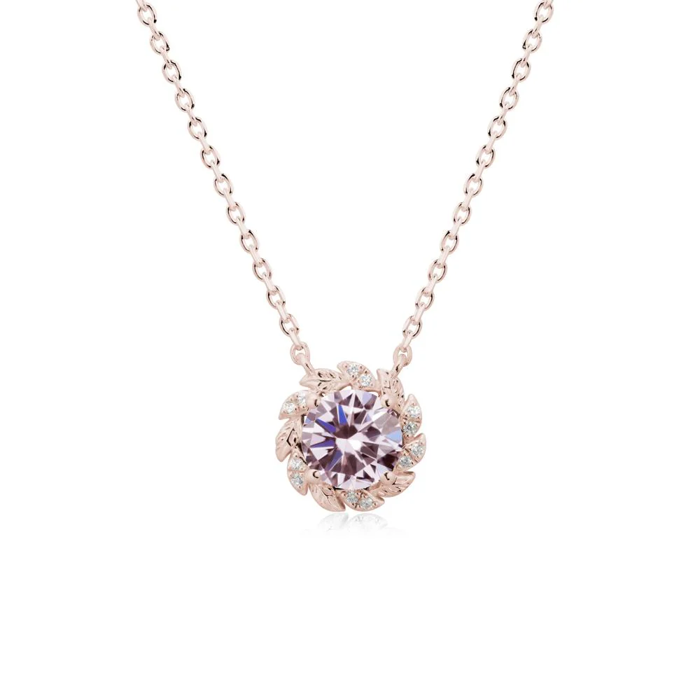 Round Pink Cubic Zirconia Leaf Halo Necklace