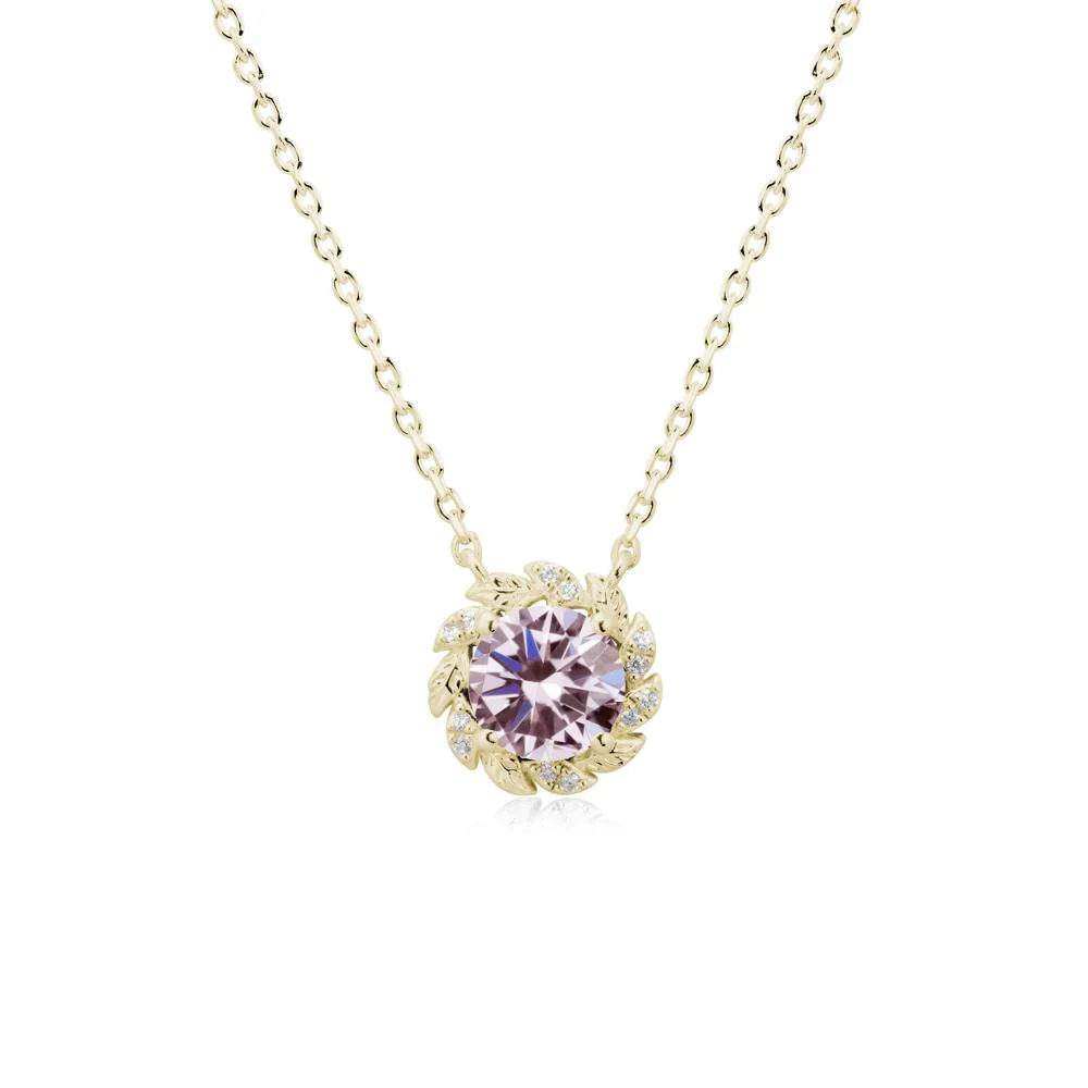 Round Pink Cubic Zirconia Leaf Halo Necklace - Image 3