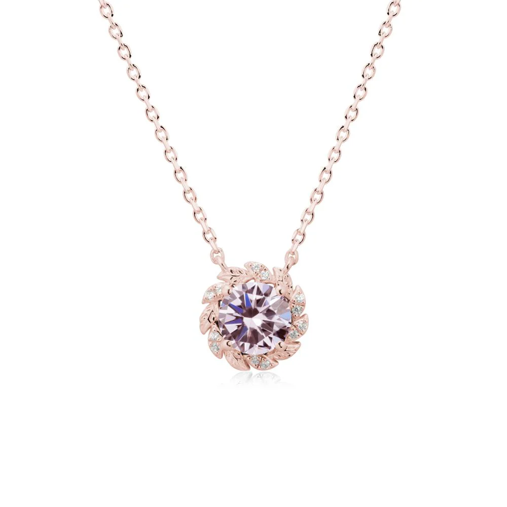 Round Pink Cubic Zirconia Leaf Halo Necklace - Image 4