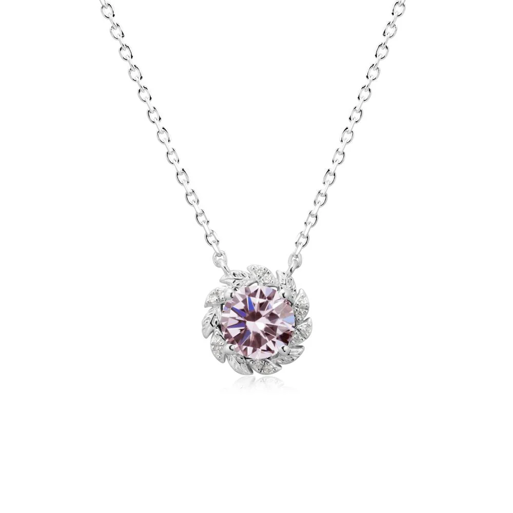 Round Pink Cubic Zirconia Leaf Halo Necklace - Image 5