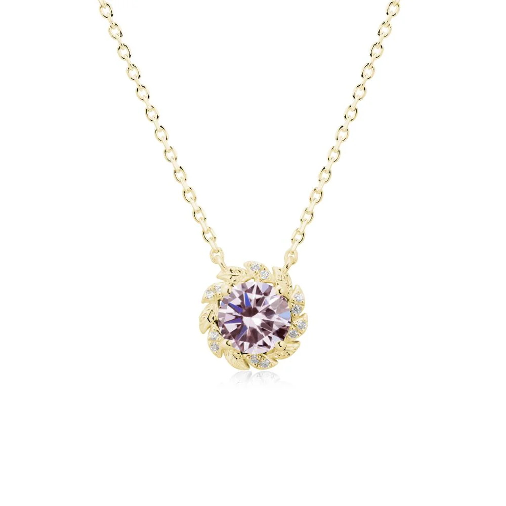 Round Pink Cubic Zirconia Leaf Halo Necklace - Image 6