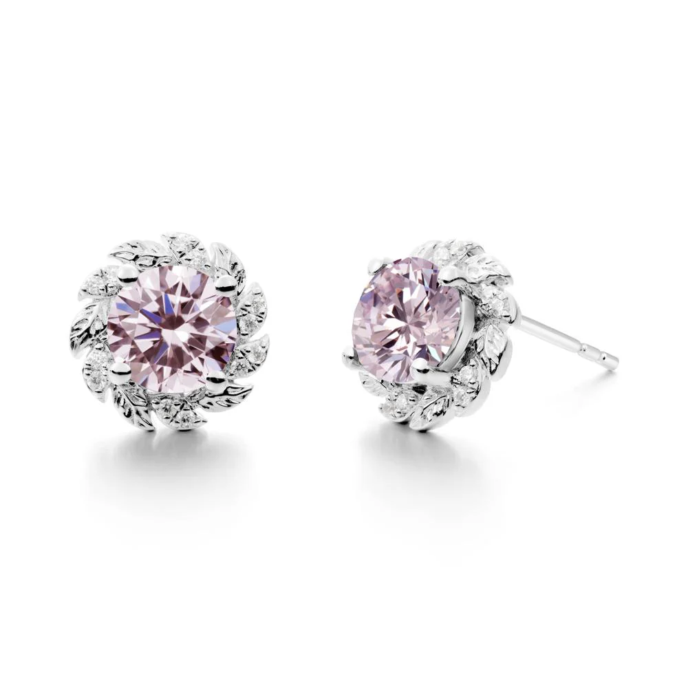 Round Pink Cubic Zirconia Leaf Halo Stud Earrings - Image 8