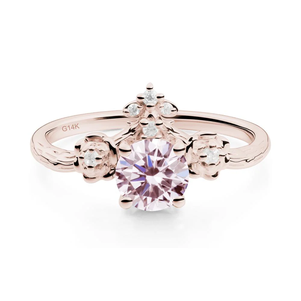 Round Pink Cubic Zirconia Rose Ring with Wood Grain