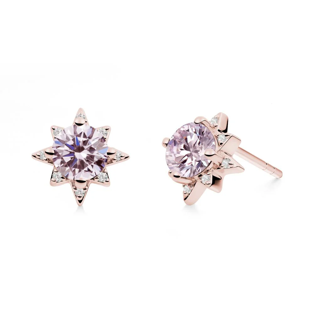 Round Pink Cubic Zirconia Sunburst Stud Earrings - Image 3