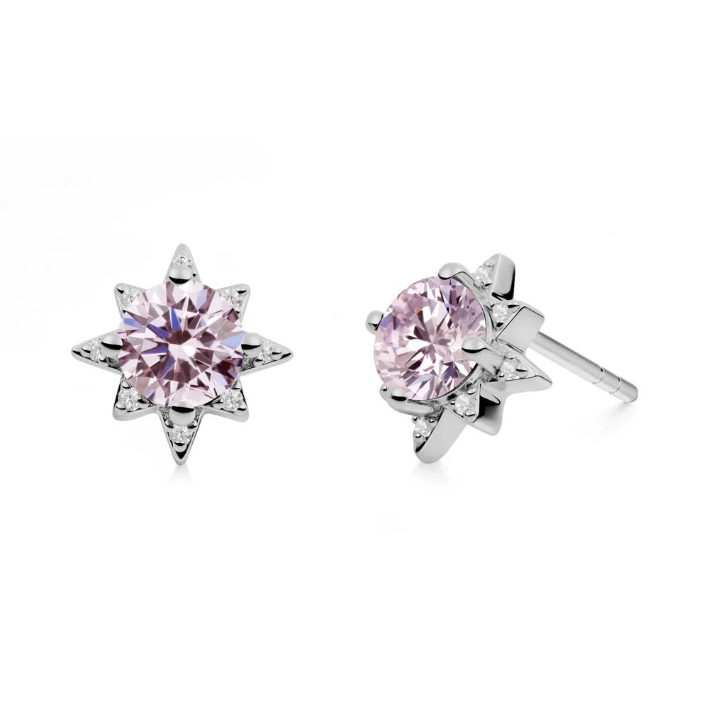 Round Pink Cubic Zirconia Sunburst Stud Earrings - Image 4