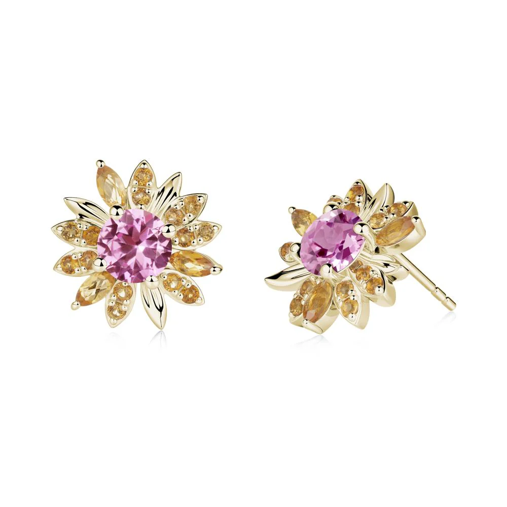 Round Pink Sapphire and Citrine Sunflower Stud Earrings - Image 3