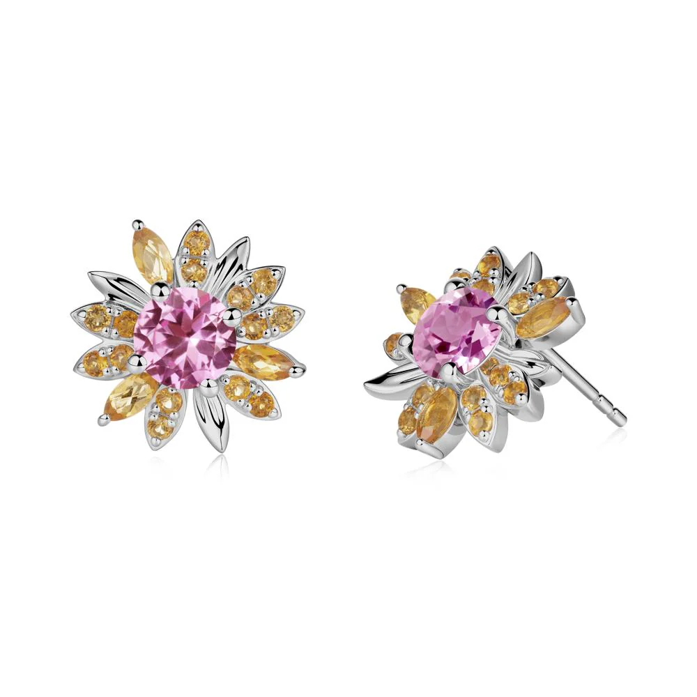 Round Pink Sapphire and Citrine Sunflower Stud Earrings - Image 5