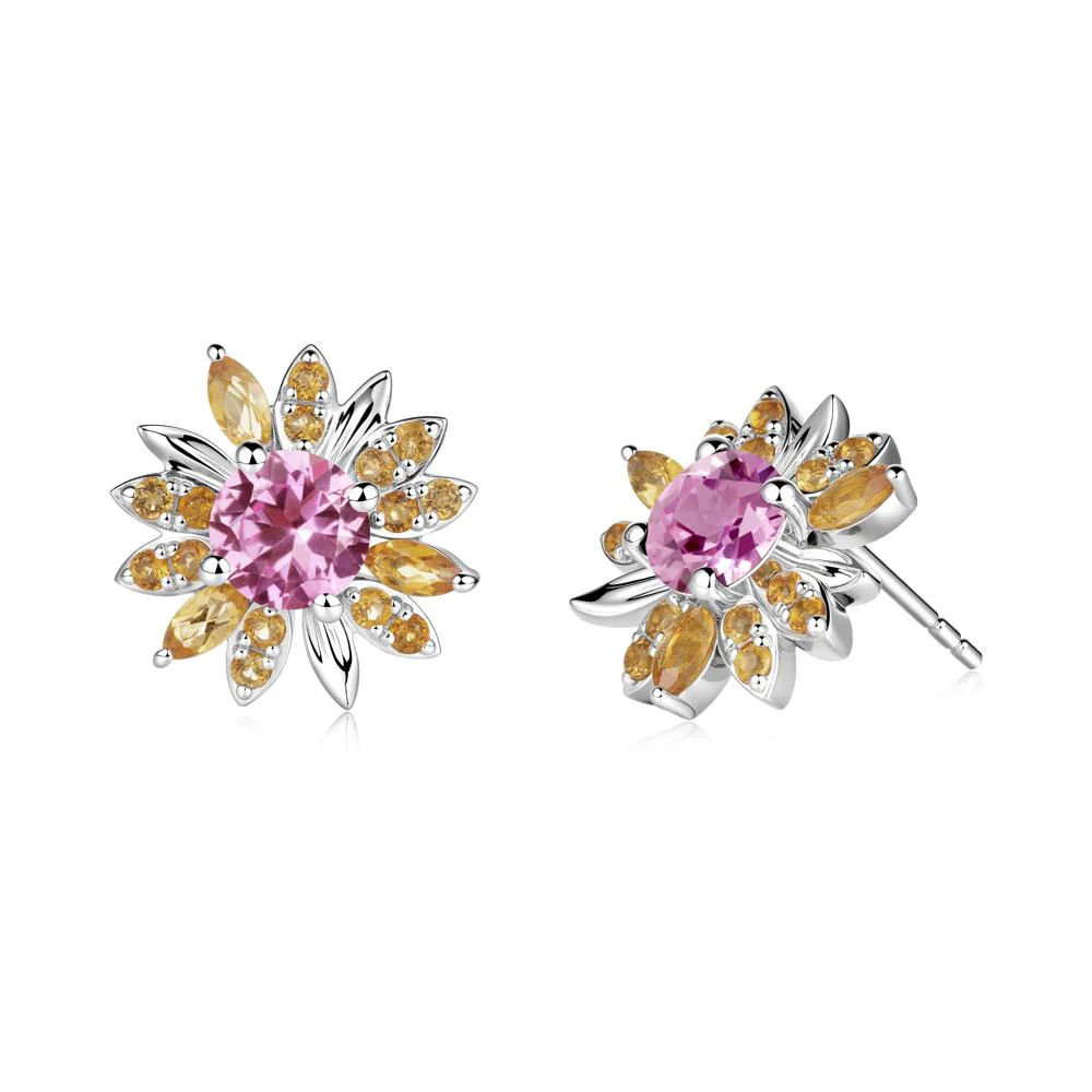 Round Pink Sapphire and Citrine Sunflower Stud Earrings - Image 6