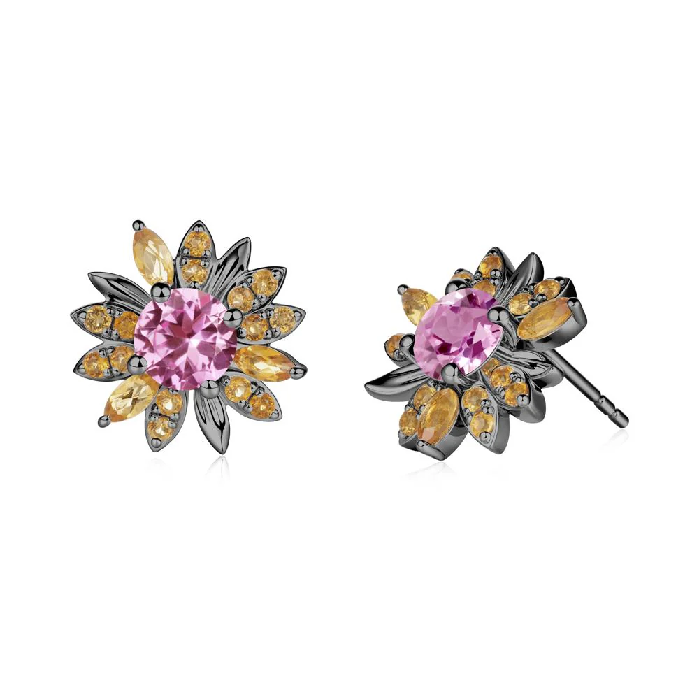 Round Pink Sapphire and Citrine Sunflower Stud Earrings - Image 7