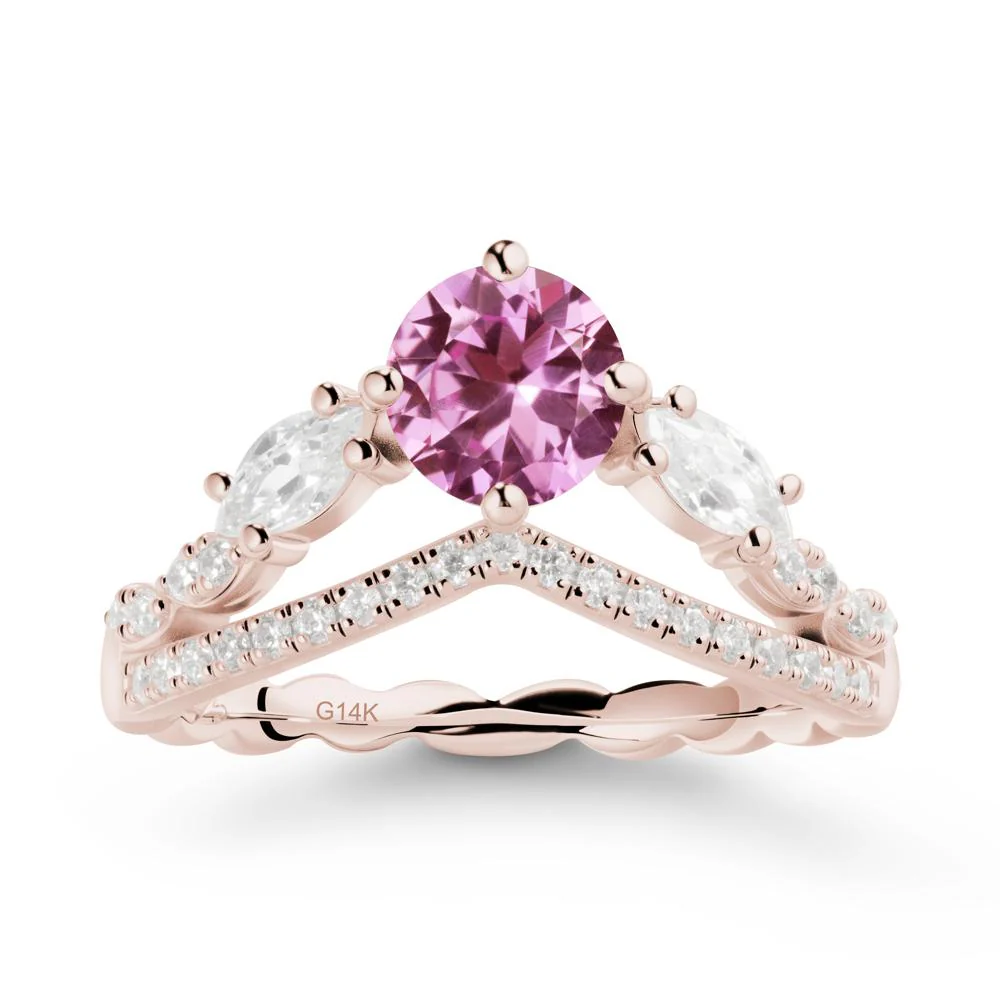 Round Pink Sapphire Crown Ring with Leaf - Image 2