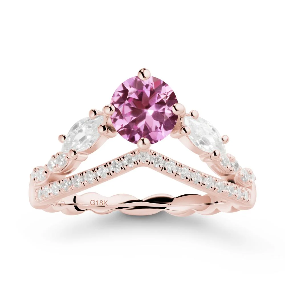 Round Pink Sapphire Crown Ring with Leaf - Image 5