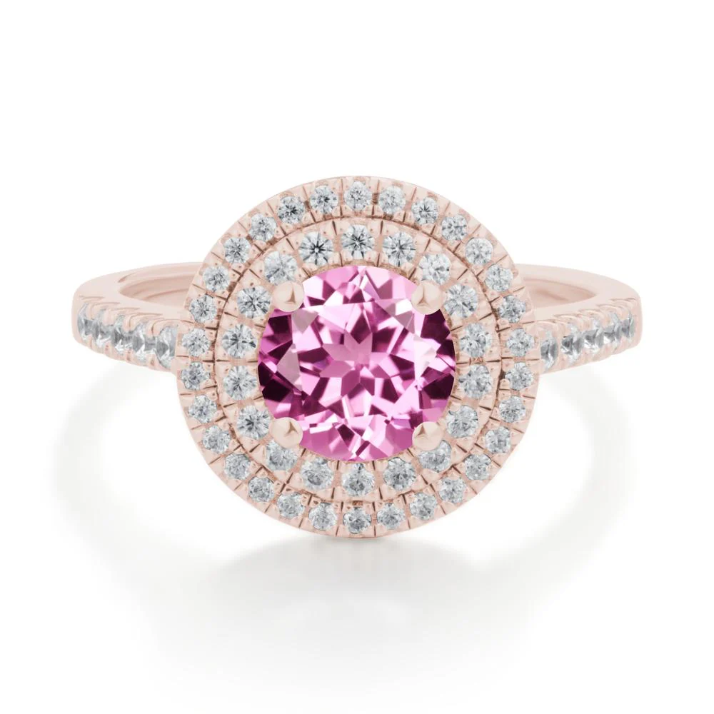Round Pink Sapphire Double Halo Engagement Ring