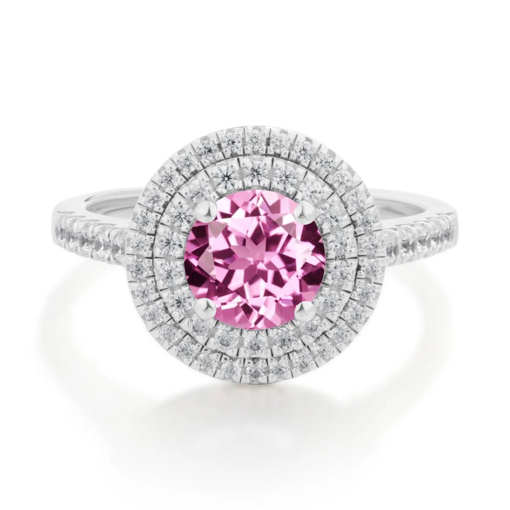 Round Pink Sapphire Double Halo Engagement Ring - Image 2