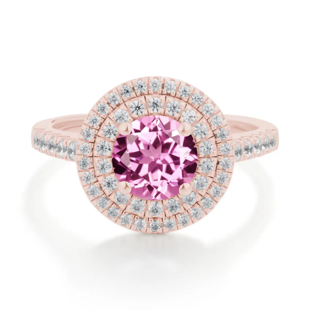 Round Pink Sapphire Double Halo Engagement Ring - Image 6