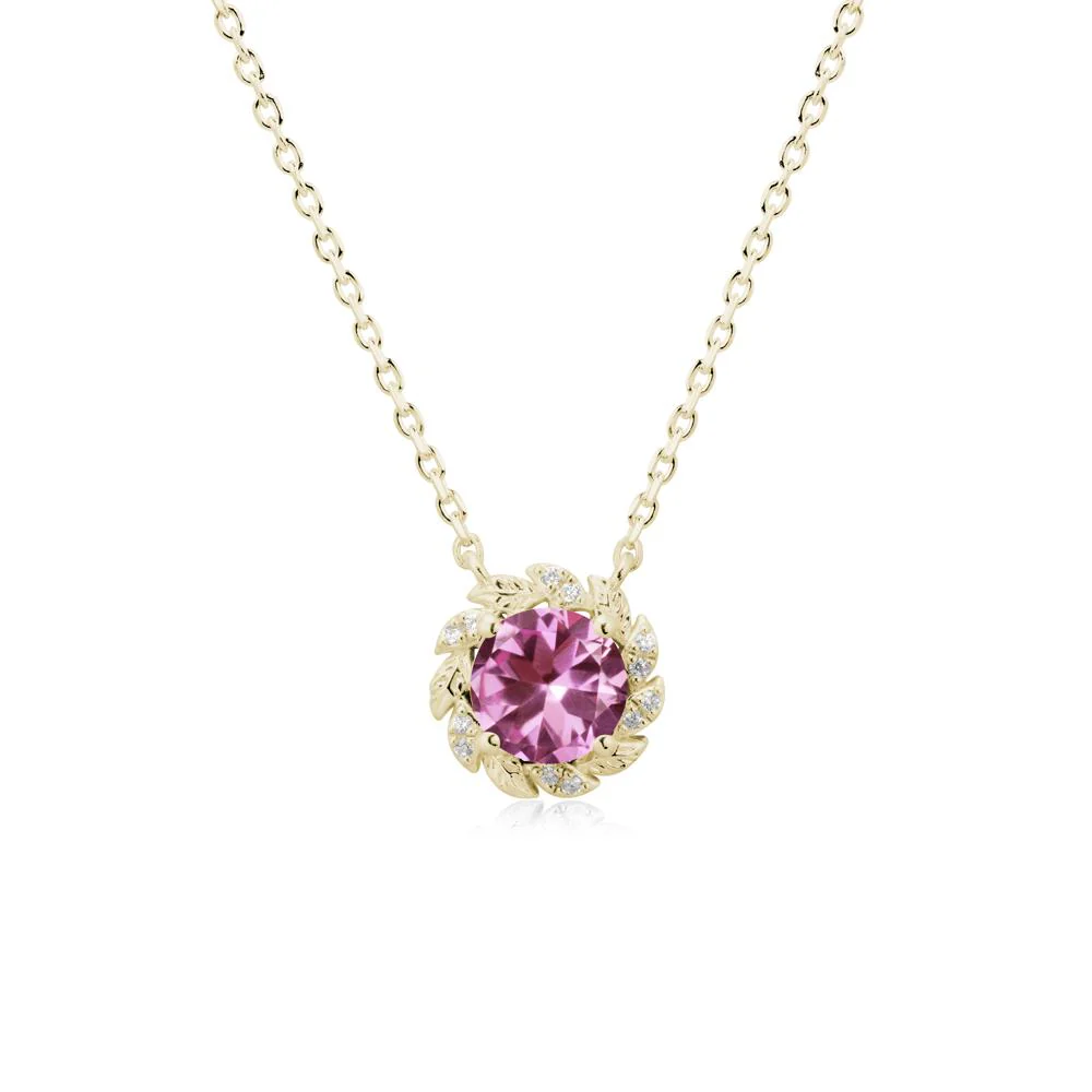 Round Pink Sapphire Leaf Halo Necklace - Image 3