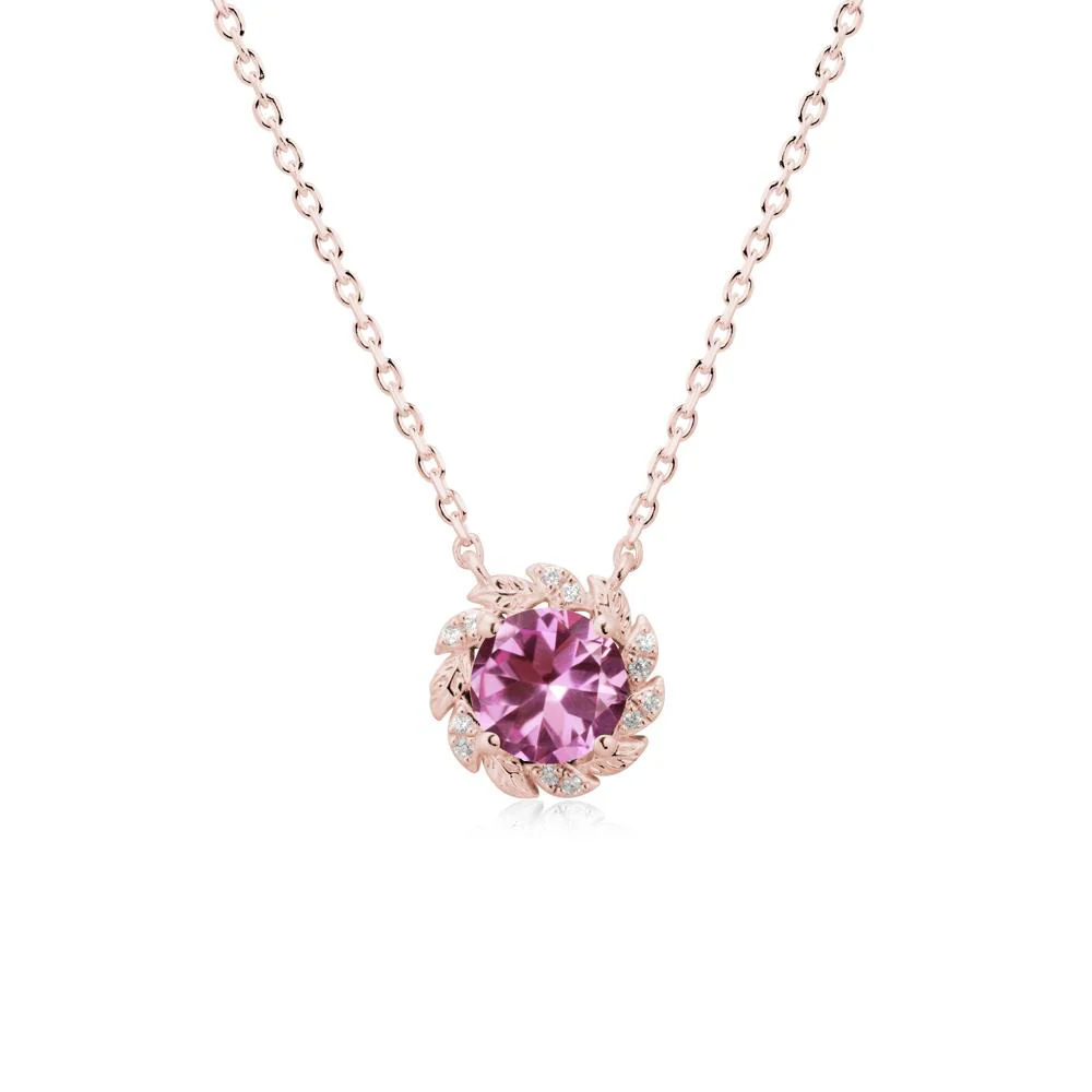 Round Pink Sapphire Leaf Halo Necklace - Image 4