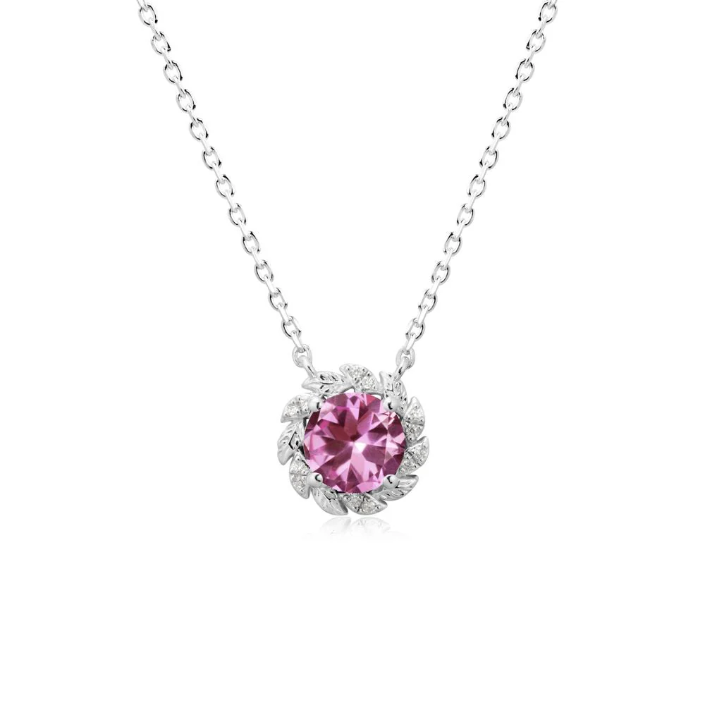 Round Pink Sapphire Leaf Halo Necklace - Image 5