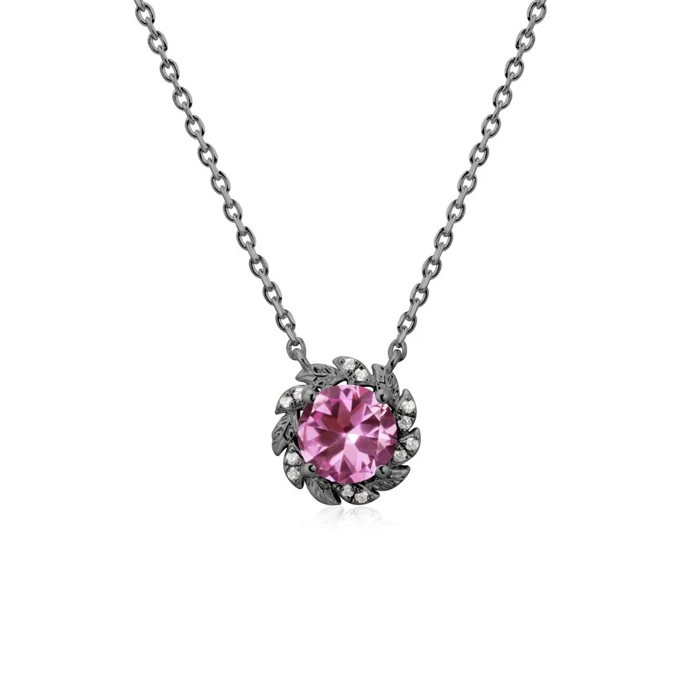 Round Pink Sapphire Leaf Halo Necklace - Image 7
