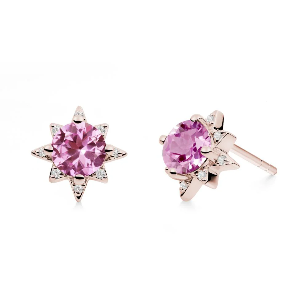 Round Pink Sapphire Sunburst Stud Earrings